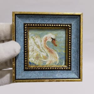 Framed Swan Oil Painting: Miniature Wall Art, Minimalist Gift