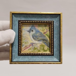 bird painting oil painting original handmade wall art framed small bird oil painting blue wall bird gift for girlfriend,gift for friend