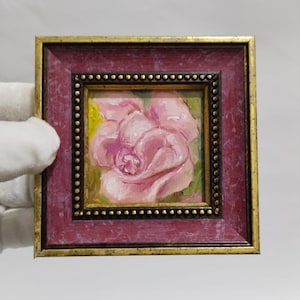 Pink rose painting original handmade mini framed wall art living room,gift for girlfriend,gift for friend,gift for mother