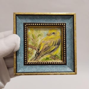 Bird painting weaver bird oil painting original handmade wall art framed small bird oil painting blue wall bird gift for girlfriend