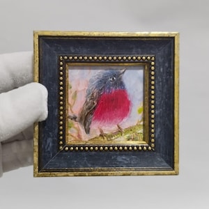 Robin bird painting original oil framed Small framed art bird artwork, Bird illustration art gift for friendfor lover Valentine&#39;s Day Gift