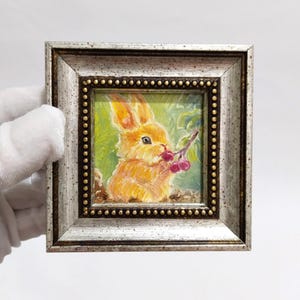 Miniature Rabbit Oil Painting: Custom Framed Handmade Art