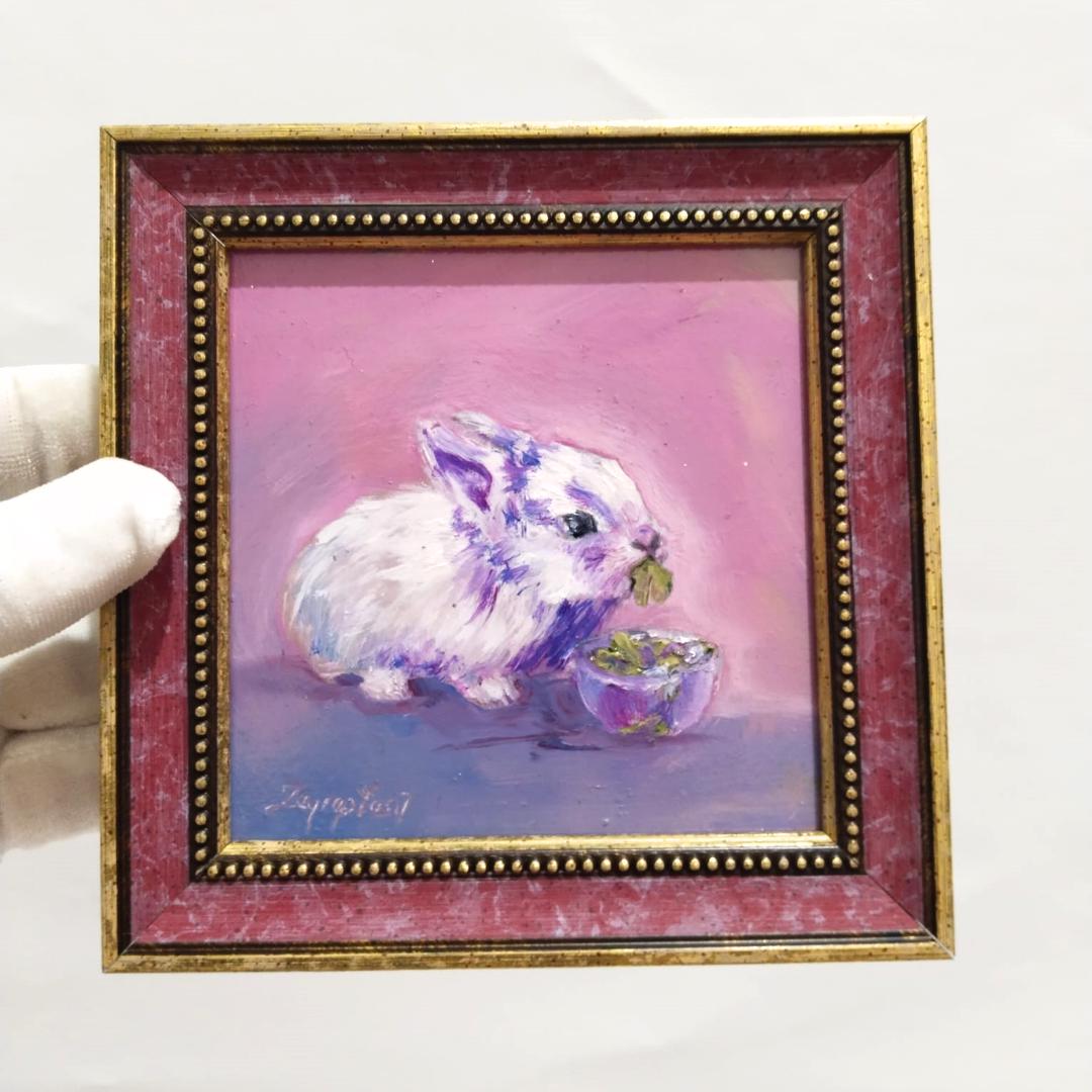 Rabbit Oil Painting Original Framed Wall Art White Cute Rabbit Picture ...