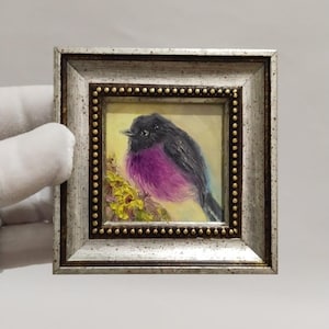 Framed Robin Miniature Oil Painting: Tiny Bird Art, 8x8cm