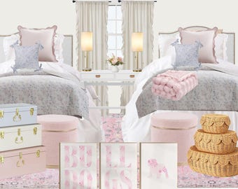 Design de quarto de estudante estilo cabana do amor com estampa floral rosa e azul -