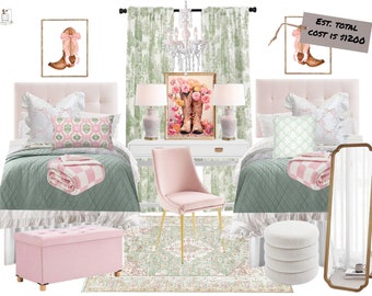 Green and Pink Love Shack Fancy Dorm Room Design