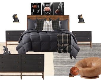 Quarto de menino com decoração em tons de cinza escuro com tema de basquete.