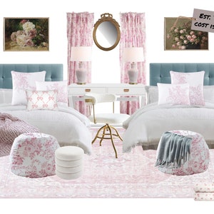 May include: Twin bedroom with white bedding, pink floral patterned curtains, and a pink and white rug. The room features two white bedside tables with lamps, a gold mirror, and two white headboards with blue upholstery. The text "EST. TOTAL COST IS $1300" is written on a brown tag.