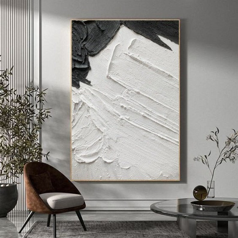 Original 3D Abstract Oil Painting, Black and White Textured Wall Art ...