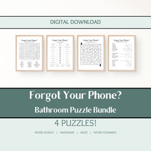 May include: A digital download bundle of four bathroom-themed puzzles. The puzzles include a word search, anagrams, a maze, and a word scramble. The title of the bundle is "Forgot Your Phone? Bathroom Puzzle Bundle".