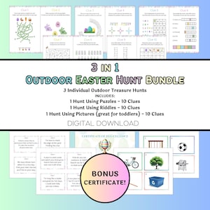 May include: A digital download for an Easter egg hunt bundle. The bundle includes three individual outdoor treasure hunts with 10 clues each. The hunts use puzzles, riddles, and pictures. The image also shows a certificate of egg-cellence.