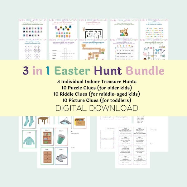 3 in 1 Easter Hunt, 10 Puzzle Clues, 10 Riddle Clues, 10 Picture Clues, Printable, Digital Download