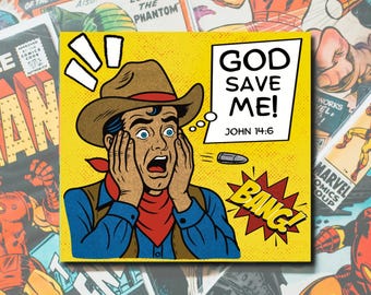 Hand Drawn Pop Art Cowboy Vinyl Sticker: Christian Comic Book