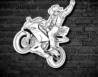 Motorcycle Cowboy Weatherproof Vinyl Sticker: hand-cut, multiple sizes, original design