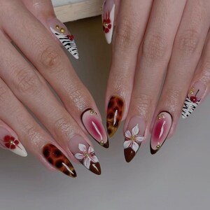 Autumn Vibe 3D Press-On Nails | Leopard & Zebra Design | Customizable Handmade | Floral Design | Multicolor 3D Nails | Autumn Color Nails