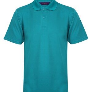 K&ouml;nnte beinhalten: Ein t&uuml;rkisfarbenes Poloshirt mit kurzen &Auml;rmeln, Knopfleiste und einem kleinen Logo am Kragen.
