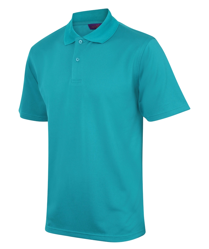 K&ouml;nnte beinhalten: Ein t&uuml;rkisfarbenes Poloshirt mit kurzen &Auml;rmeln und Knopfleiste.