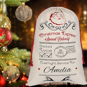 Personalisierte Weihnachtssäckchen für Kinder Namenssäckchen für Weihnachtsgeschenktüte aus dem Nordpol Weihnachtsmann Liefersack Heiligabend Box