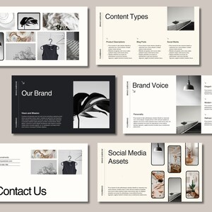 May include: A brand guideline document with a black and white color scheme. The document includes sections for content types, brand voice, social media assets, and contact information. The document features images of plants, a hanging garment, and a light fixture.