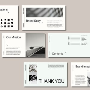 May include: A black and white presentation template with the words "Brand Story", "Our Mission", "Contents", "Thank You", and "Brand Imaginery". The template also includes a variety of icons and illustrations.