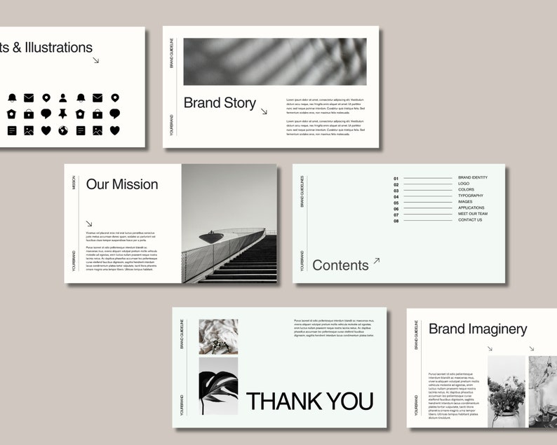 May include: A black and white presentation template with the words "Brand Story", "Our Mission", "Contents", "Thank You", and "Brand Imaginery". The template also includes a variety of icons and illustrations.