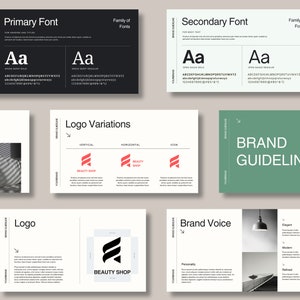 May include: Brand guidelines for a beauty shop with a logo featuring a stylized letter F in red and black. The document includes information on fonts, logo variations, and brand voice.