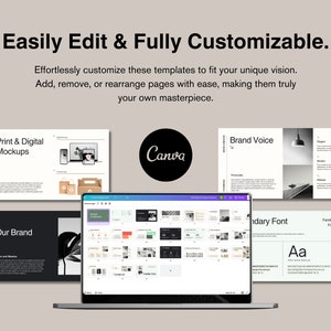 May include: A laptop computer displaying a Canva design template with a variety of pages, including a brand voice page, a secondary font page, and a family of fonts page. The laptop is on a table with other design elements, including a print and digital mockups page and a page with the text "Our Brand".