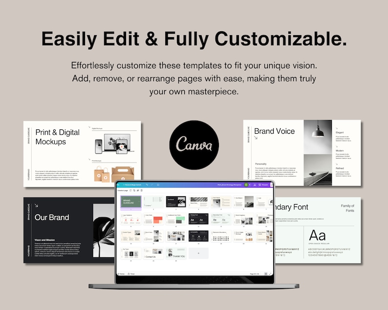 May include: A laptop computer displaying a Canva design template with a variety of pages, including a brand voice page, a secondary font page, and a family of fonts page. The laptop is on a table with other design elements, including a print and digital mockups page and a page with the text "Our Brand".