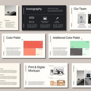 May include: A brand guideline document with sections for types, color pallet, iconography, our team, additional color pallet, values, print & digital mockups, and photos. The document uses a black and white color scheme with a minimalist design.