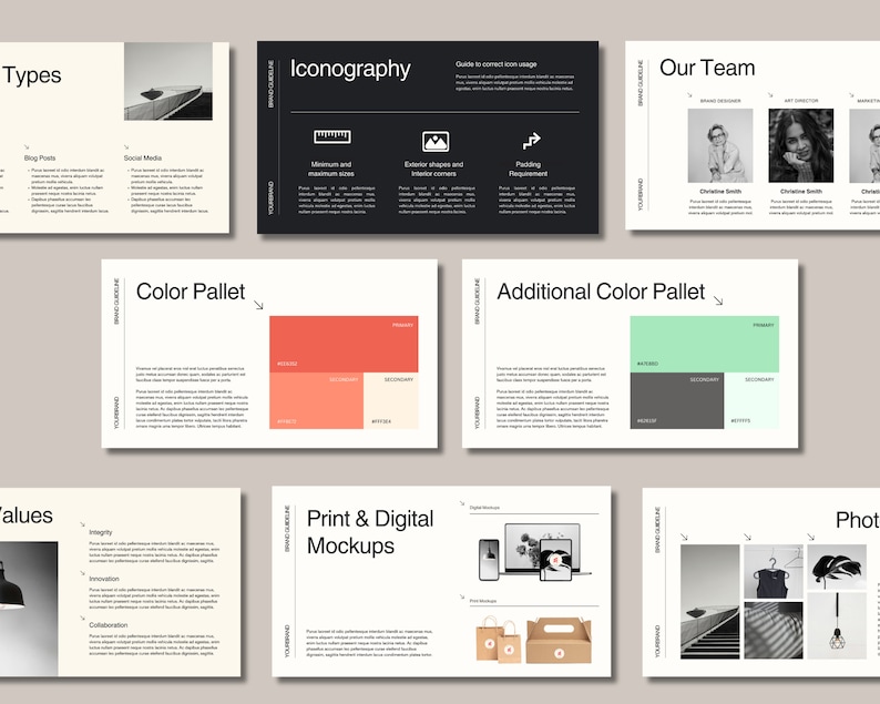 May include: A brand guideline document with sections for types, color pallet, iconography, our team, additional color pallet, values, print & digital mockups, and photos. The document uses a black and white color scheme with a minimalist design.