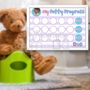 May include: A white framed chart with purple and white stripes. The chart has 15 circles with the words "My Potty Progress" and "Prize!" printed on it. The chart also features a cartoon image of Doc McStuffins.