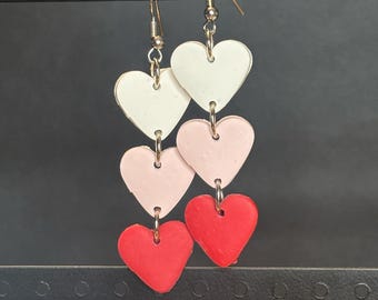 Valentines Heart Dangle Earrings, White Blush Red, Nickel Free