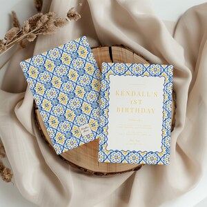 Modello modificabile per invito di compleanno digitale con piastrelle marocchine blu e gialle, invito Zellige acquerello, invito per festa di nozze, baby shower