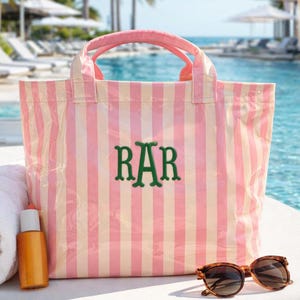 Personalized Pink Striped Tote Bag, Monogram Beach, Spring Travel Tote