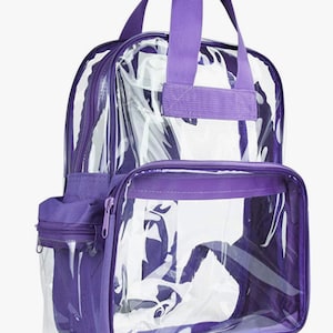Pu&ograve; includere: Zaino trasparente con finiture, cerniere e cinghie viola. Presenta una tasca frontale con cerniera e un manico superiore. Il design trasparente consente una facile visibilit&agrave; del contenuto, adatto a vari usi.