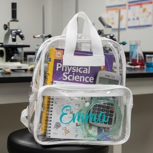 Pu&ograve; includere: Zaino trasparente con finiture bianche, pieno di materiale scolastico. Include un libro di testo di "Scienze Fisiche", un quaderno con il nome "Emma" in corsivo turchese e una calcolatrice. Lo zaino ha un manico bianco e una tasca frontale.