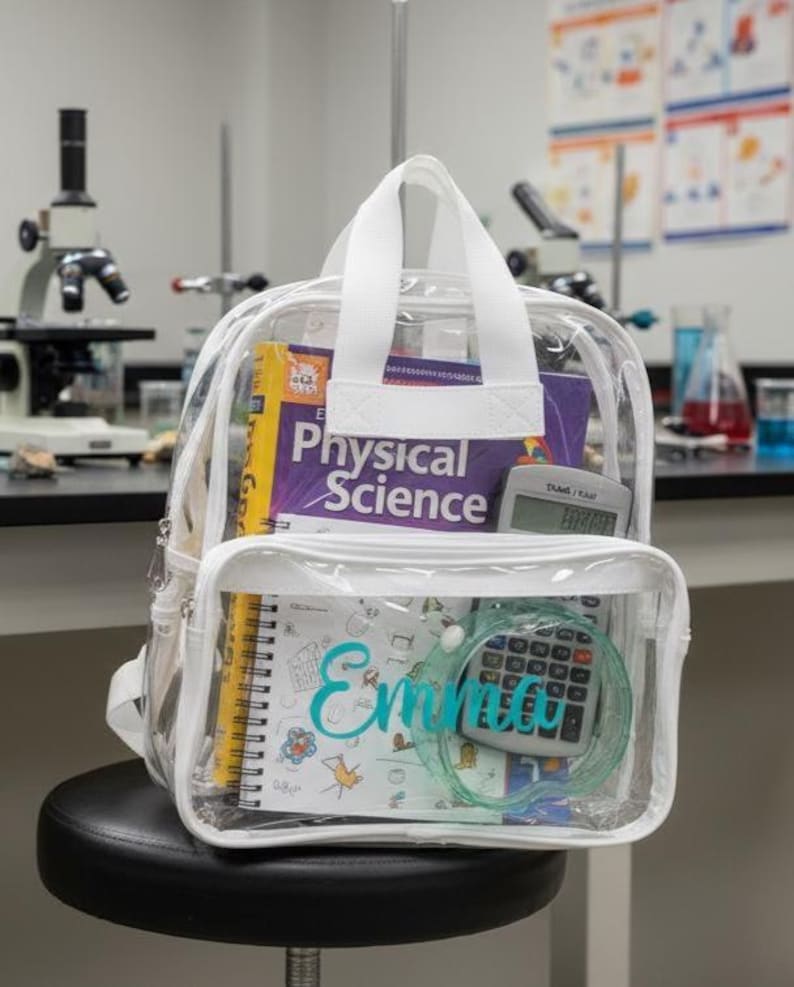 Pu&ograve; includere: Zaino trasparente con finiture bianche, pieno di materiale scolastico. Include un libro di testo di "Scienze Fisiche", un quaderno con il nome "Emma" in corsivo turchese e una calcolatrice. Lo zaino ha un manico bianco e una tasca frontale.
