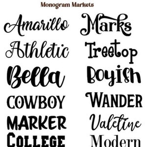 Pu&ograve; includere: Una raccolta di parole in vari font, tra cui "Amarillo", "Athletic", "Bella", "Cowboy", "Marker", "College", "Marks", "Treetop", "Boyish", "Wander", "Valentine" e "Modern". Le parole sono in corsivo nero e lettere maiuscole.