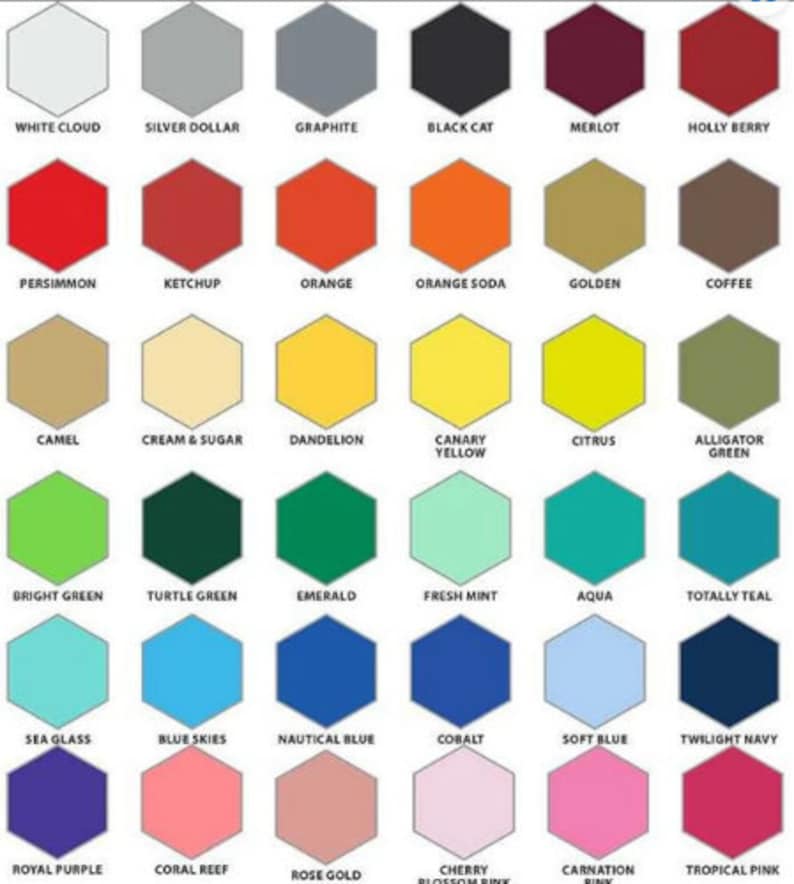 Pu&ograve; includere: Una tabella colori con 36 campioni esagonali. Ogni campione mostra un colore diverso, con nomi come "White Cloud", "Silver Dollar" e "Graphite". La tabella include un'ampia gamma di tonalit&agrave;, dai rossi e arancioni ai verdi, blu e rosa.