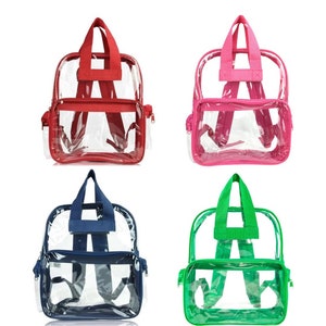Pu&ograve; includere: Quattro zaini trasparenti con accenti colorati. Gli zaini hanno un corpo trasparente con spallacci, manici e tasche con cerniera colorate. I colori sono rosso, rosa, blu navy e verde. Gli zaini sono progettati per trasportare oggetti.