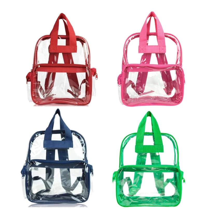 Pu&ograve; includere: Quattro zaini trasparenti con accenti colorati. Gli zaini hanno un corpo trasparente con spallacci, manici e tasche con cerniera colorate. I colori sono rosso, rosa, blu navy e verde. Gli zaini sono progettati per trasportare oggetti.