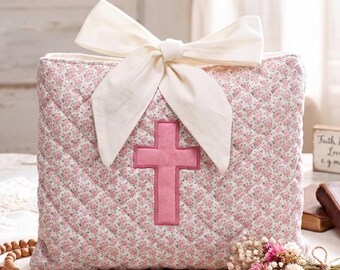 Copertina per Bibbia trapuntata con motivo floreale: custodia imbottita con fiocco, regalo religioso per la cresima