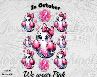 In October We wear pink png, Breast Cancer Awareness Png, Halloween Pink Ghost png,