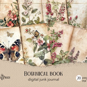 Botanisch junkjournaal, afdrukbare pagina's met bloemen, digitaal dagboek aromatische kruiden, scrapbooking frambozen, vintage tuincollage