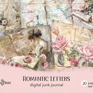 Diario basura con cartas románticas, cartas escritas a mano, diario digital con rosas rosas, papel para álbumes de recortes victoriano, collage de letras vintage