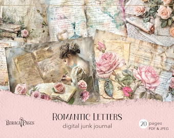 Romantische Buchstaben Junk Journal, rosa Rosen, viktorianisches Ephemera (Digital)