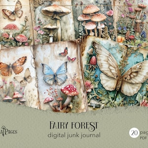 Journal de déchets féeriques de la forêt, pages de champignons imprimables, journal botanique vintage, papier de scrapbooking d'herbes, éphémères fantaisistes de papillons