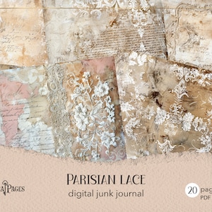 Pariser Spitze Junk Journal, Vintage Spitze zum ausdrucken, digitales Journal mit Shabby Chic, antike Spitze Scrapbooking, Grunge Blumen Collage, Deko Spitze