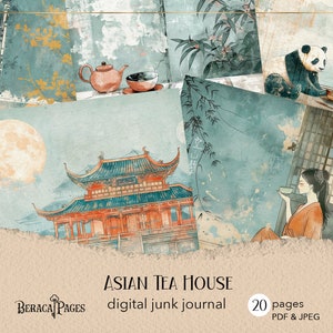 Asiatisches Teehaus Junk Journal, druckbare Füllseiten, Geisha digitales Journal, blaues Scrapbook, Vintage chinesische Ephemera, japanischer Hintergrund