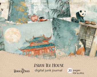 May include: A digital junk journal with a teal and gold color scheme featuring images of a traditional Asian tea house, a crane, a panda, and a woman drinking tea. The title "ASIAN TEA HOUSE" and the text "digital junk journal" are displayed on the cover. The journal contains 20 pages in PDF and JPEG format.